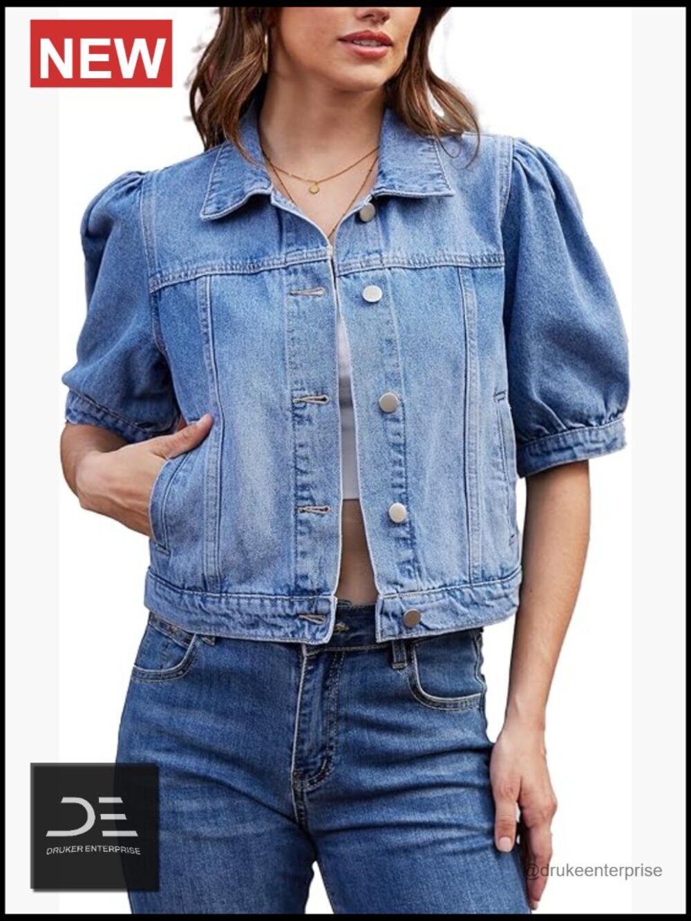 Cropped Puff Sleeve Denim Jacket with Pockets - Trendy Women's Jean Jacket